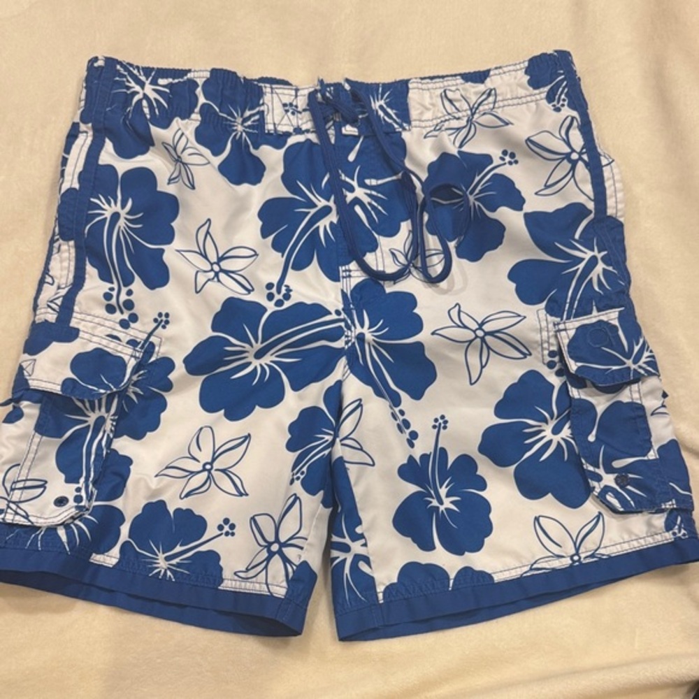 OP Blue and Arctic White Floral Men's Swim Shorts With 4 Pockets Size Large